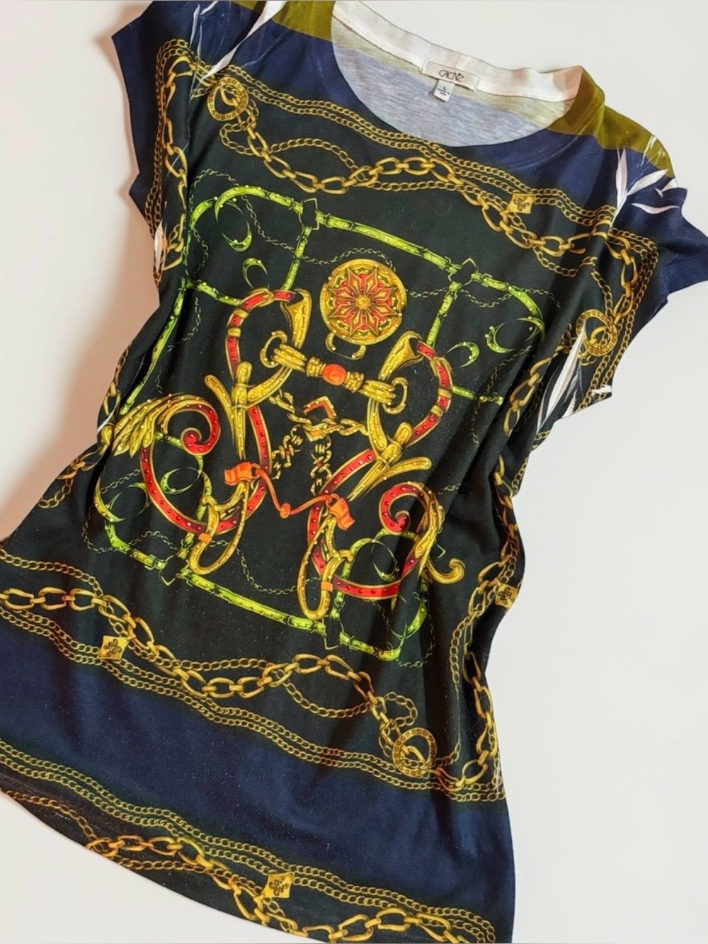 Y2K Cache Baroque Equestrian Chain Print Rhinestone Embellished Top Large